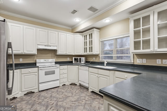 kitchen featuring white cabinetry, sink, white appliances, and ornamental molding