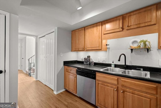 kitchen featuring sink, light hardwood / wood-style flooring, and dishwasher