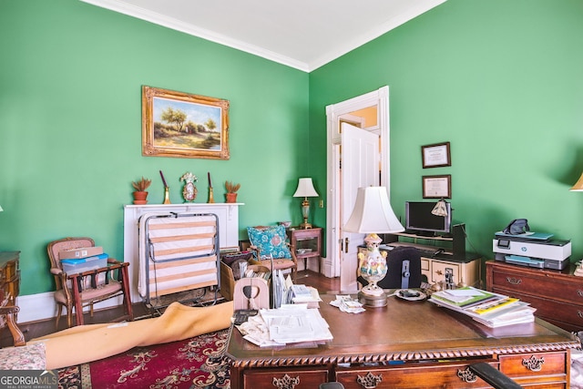 home office featuring crown molding