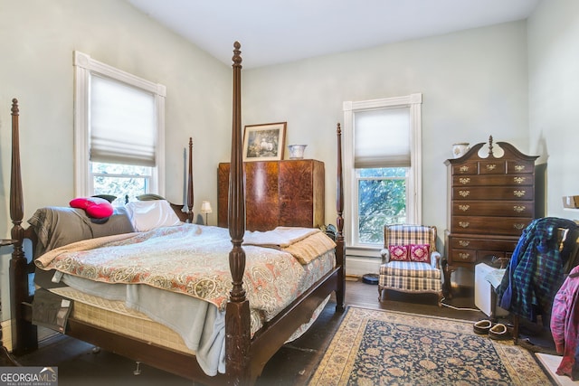 bedroom with multiple windows and dark hardwood / wood-style flooring