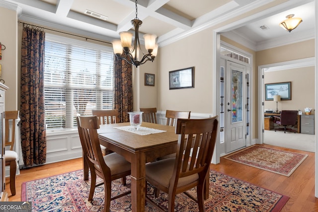 dining space with ornamental molding, coffered ceiling, a chandelier, and light wood-type flooring