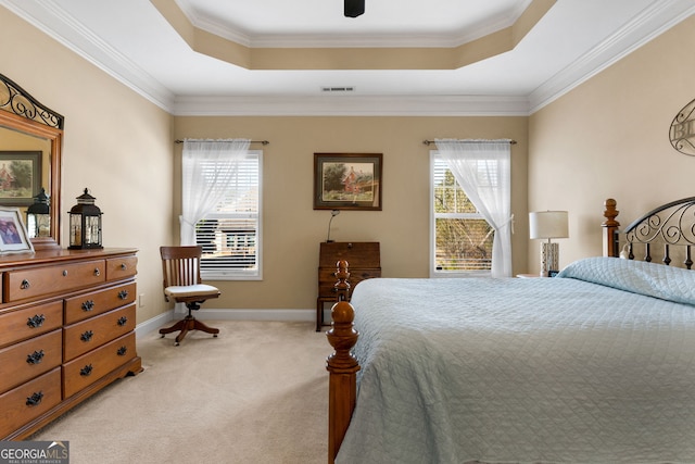 bedroom with multiple windows, a raised ceiling, and light carpet