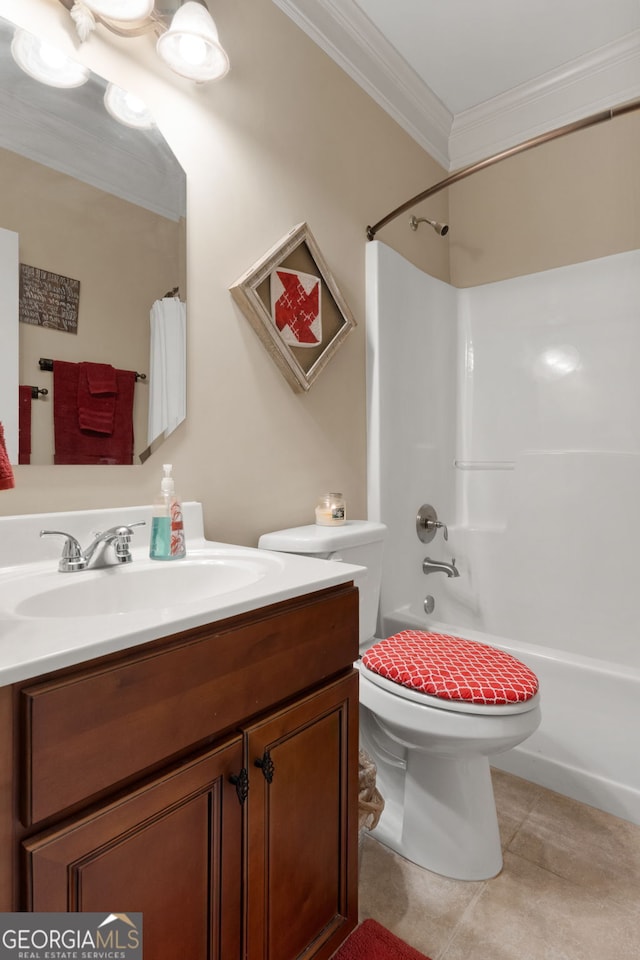 full bathroom featuring crown molding, tub / shower combination, tile patterned flooring, vanity, and toilet