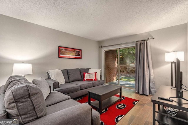 living room with a textured ceiling and light wood-type flooring