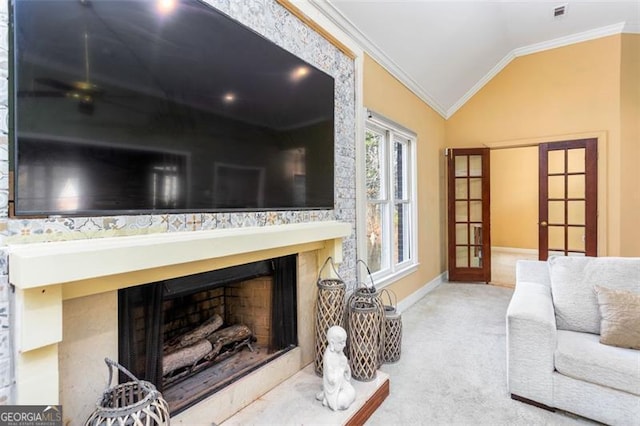 living room featuring carpet floors, vaulted ceiling, ornamental molding, and french doors