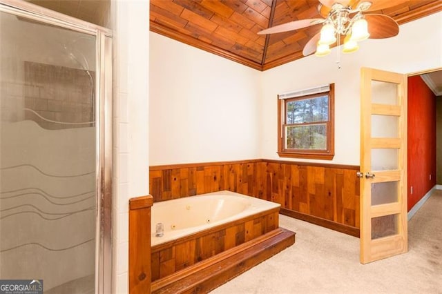 bathroom with ornamental molding, wooden ceiling, independent shower and bath, and wood walls