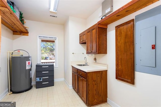 kitchen with sink, electric panel, and electric water heater