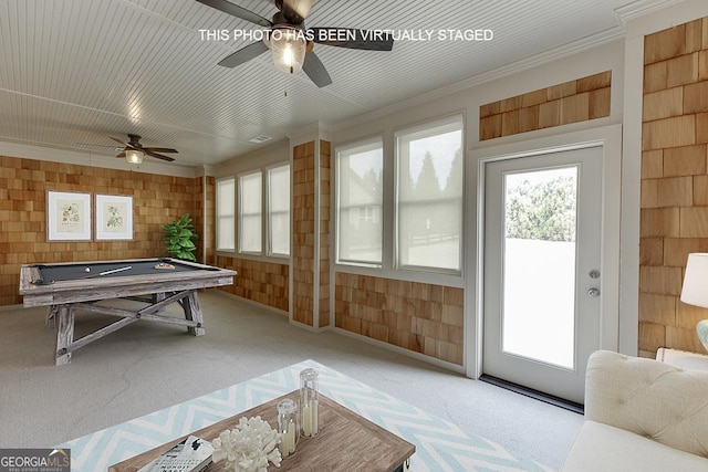 game room with ornamental molding, carpet, pool table, and a ceiling fan