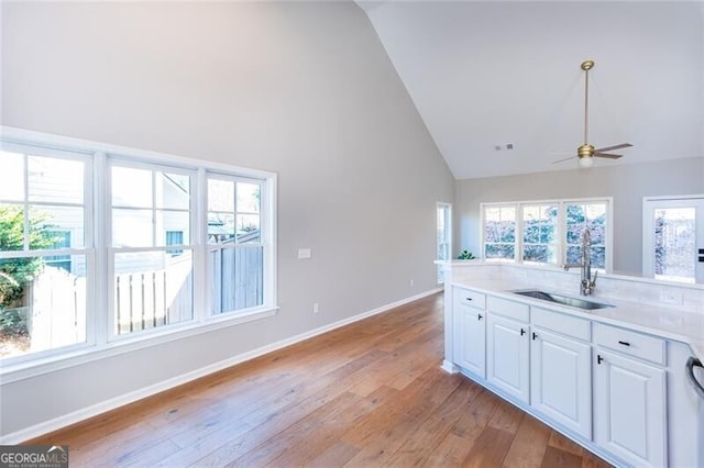 kitchen featuring plenty of natural light, sink, white cabinets, and light hardwood / wood-style flooring