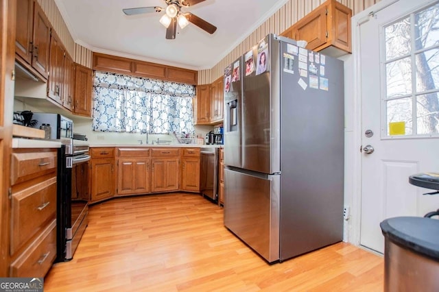 kitchen with sink, light wood-type flooring, ornamental molding, appliances with stainless steel finishes, and ceiling fan