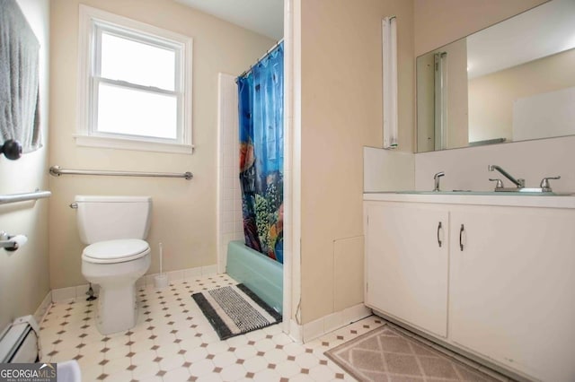 full bathroom featuring vanity, a baseboard heating unit, shower / bath combination with curtain, and toilet