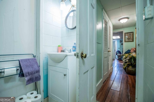 bathroom with vanity and wood-type flooring