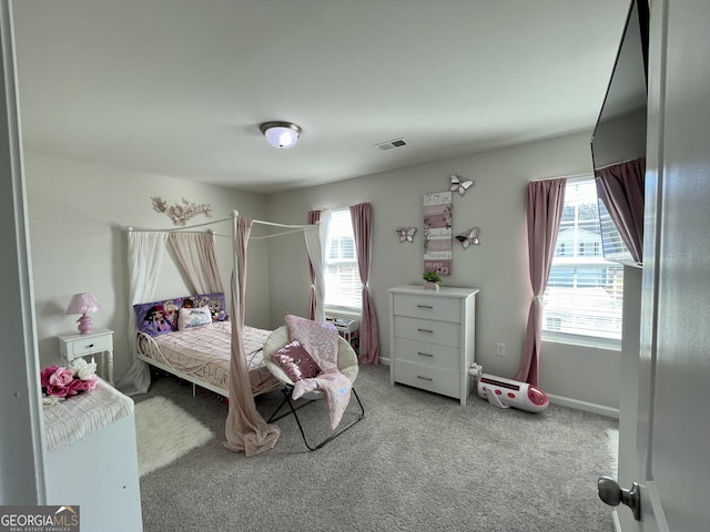 carpeted bedroom with multiple windows