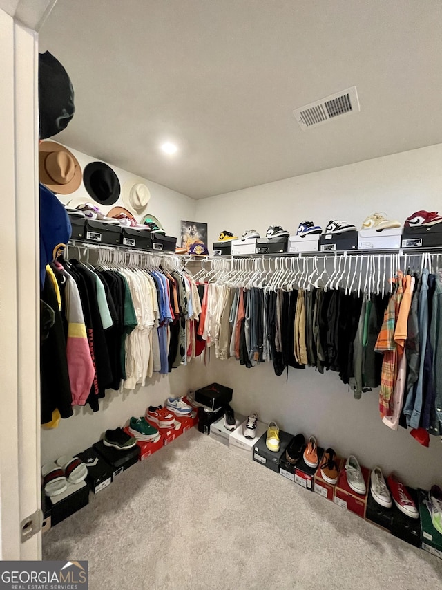 walk in closet with carpet