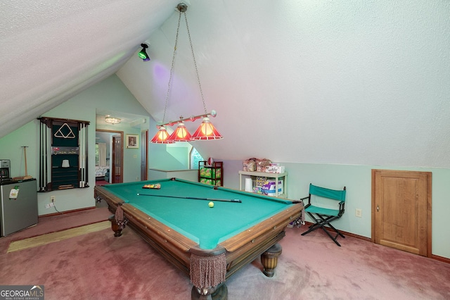 game room featuring lofted ceiling, billiards, a textured ceiling, and carpet flooring