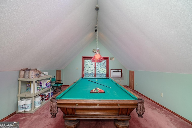 playroom featuring vaulted ceiling, a textured ceiling, and carpet