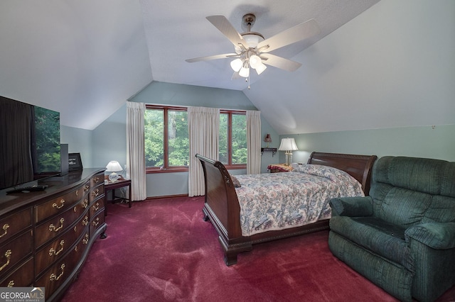 carpeted bedroom featuring vaulted ceiling and ceiling fan