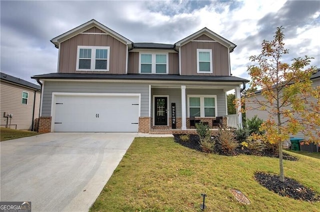 craftsman-style house with a porch, a garage, and a front lawn