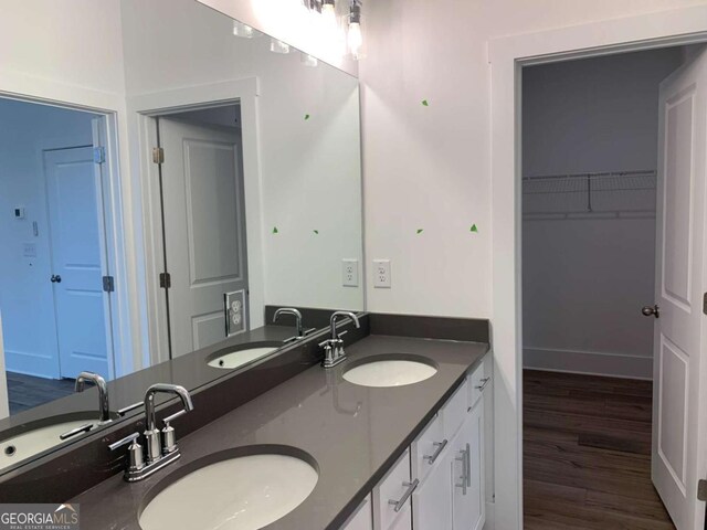 bathroom with hardwood / wood-style flooring and vanity