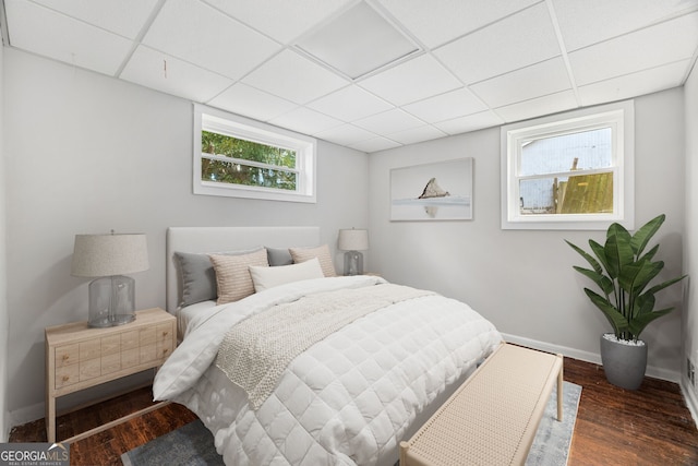 bedroom featuring dark wood-type flooring and a paneled ceiling