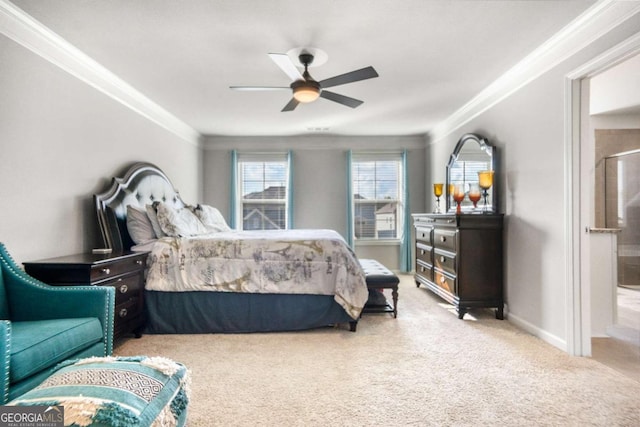 carpeted bedroom with ornamental molding and ceiling fan