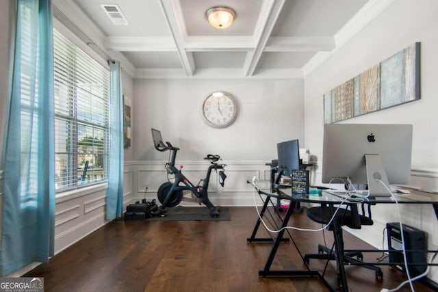 office area with beamed ceiling, coffered ceiling, dark wood-type flooring, and crown molding