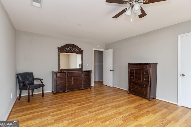 bedroom featuring ceiling fan and light wood-type flooring