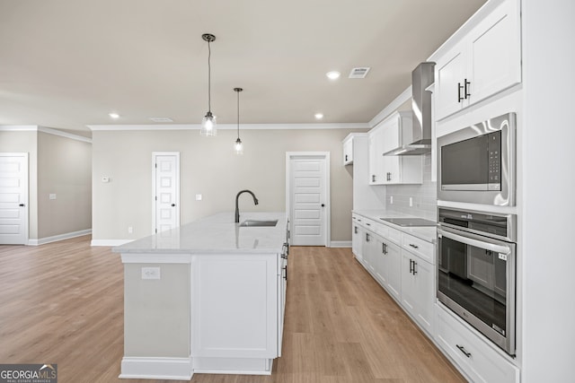 kitchen with white cabinetry, wall chimney range hood, stainless steel appliances, and sink