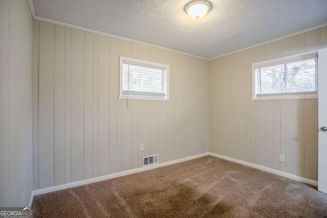 carpeted empty room with crown molding and a textured ceiling