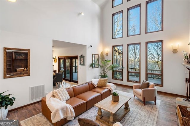 living room with dark hardwood / wood-style floors and french doors