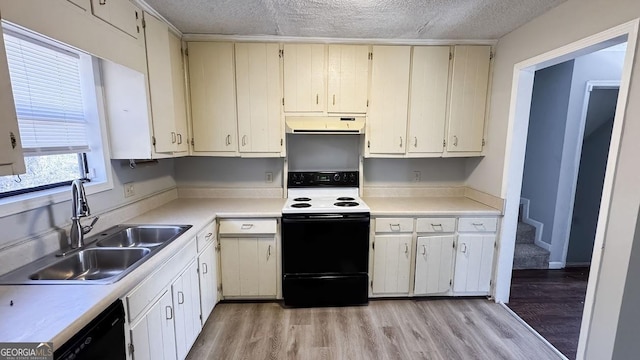 kitchen featuring range with electric cooktop, black dishwasher, sink, a textured ceiling, and light hardwood / wood-style flooring