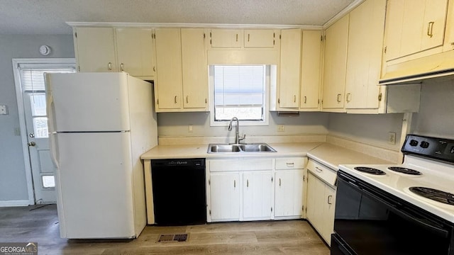 kitchen with black dishwasher, sink, white fridge, light wood-type flooring, and electric stove