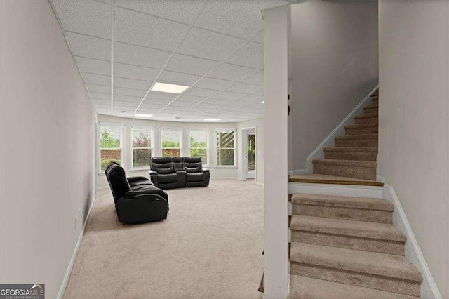 living room featuring a drop ceiling and carpet