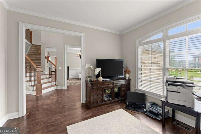 office space featuring ornamental molding and dark hardwood / wood-style floors