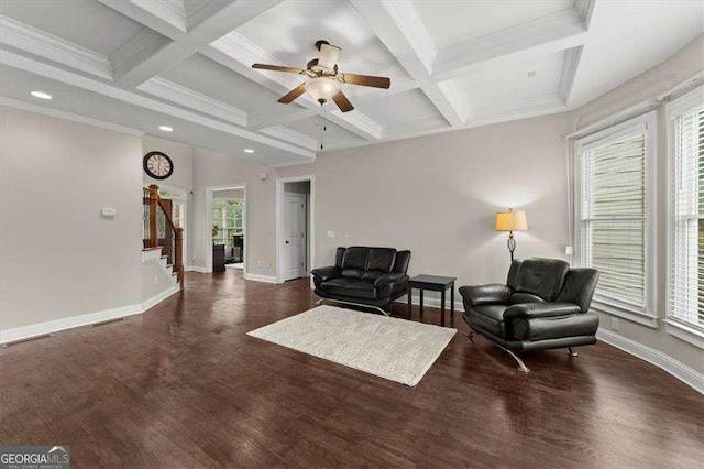 sitting room featuring coffered ceiling, dark wood-type flooring, and beam ceiling