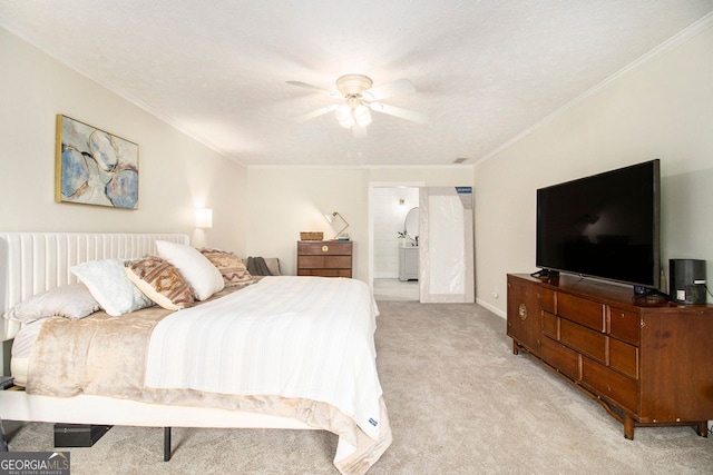 carpeted bedroom with ceiling fan, crown molding, and a textured ceiling