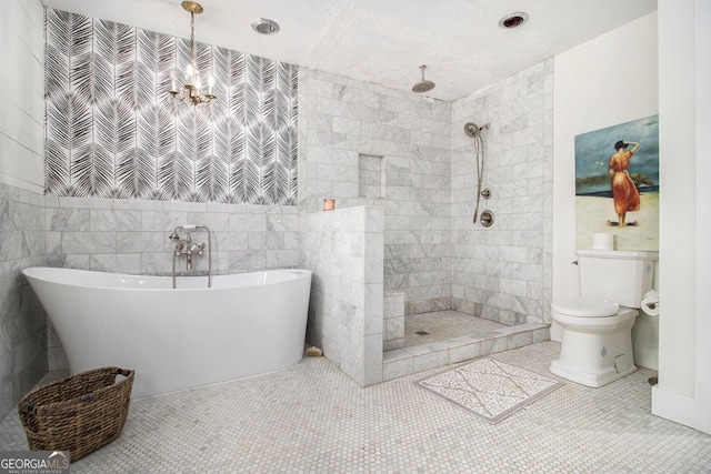 bathroom featuring tile patterned flooring, tile walls, a textured ceiling, independent shower and bath, and toilet