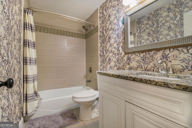 full bathroom with tile patterned flooring, vanity, shower / bathtub combination with curtain, and toilet