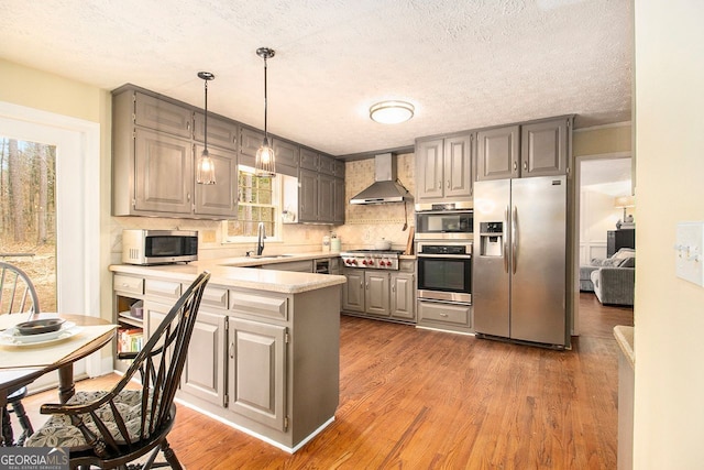 kitchen with wall chimney exhaust hood, sink, dark hardwood / wood-style flooring, kitchen peninsula, and stainless steel appliances