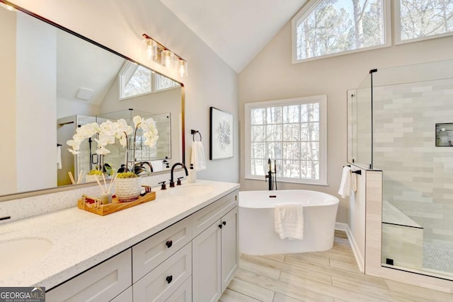 bathroom featuring lofted ceiling, plenty of natural light, plus walk in shower, and vanity