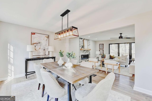 dining area featuring ceiling fan, a fireplace, and light hardwood / wood-style flooring