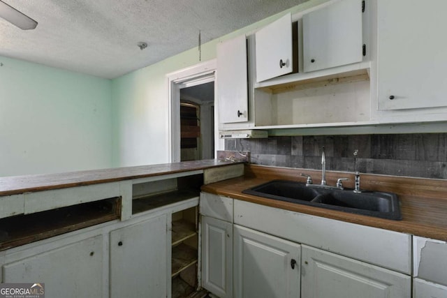 kitchen with sink, a textured ceiling, decorative backsplash, and white cabinets