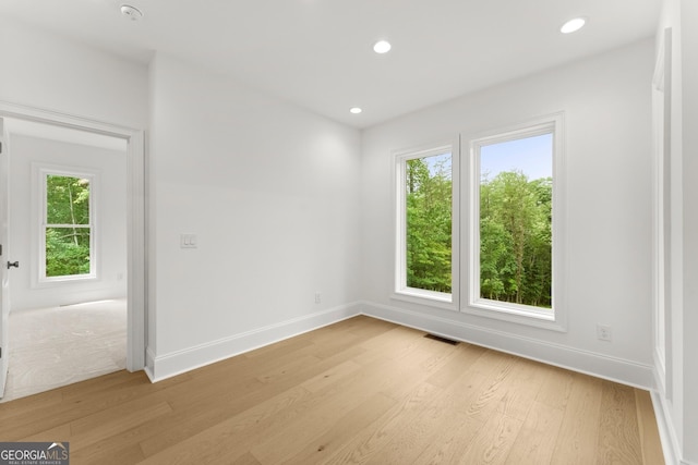 empty room with a wealth of natural light and light hardwood / wood-style floors