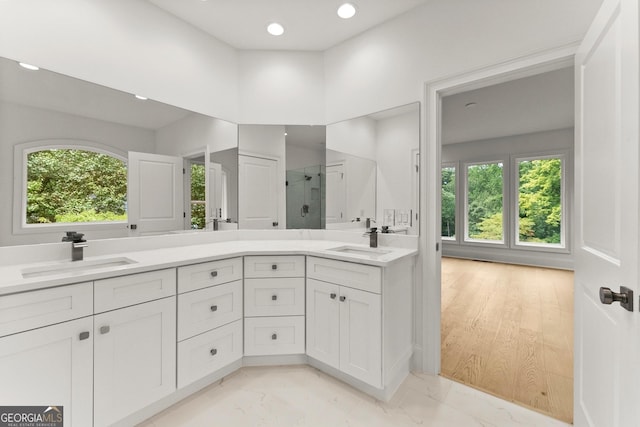 bathroom with vanity and walk in shower