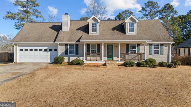 cape cod house with a garage and covered porch