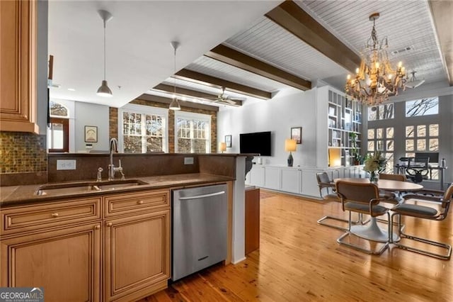 kitchen with dishwasher, sink, hanging light fixtures, and backsplash