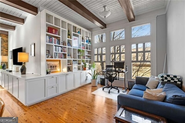 office with wood ceiling, beam ceiling, and light hardwood / wood-style flooring