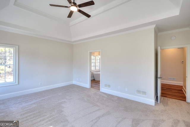 carpeted spare room with crown molding, ceiling fan, and a tray ceiling