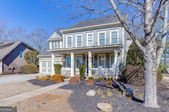 view of front of home with a porch and a garage