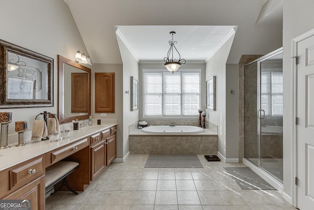 bathroom with vaulted ceiling, plus walk in shower, tile patterned flooring, vanity, and crown molding